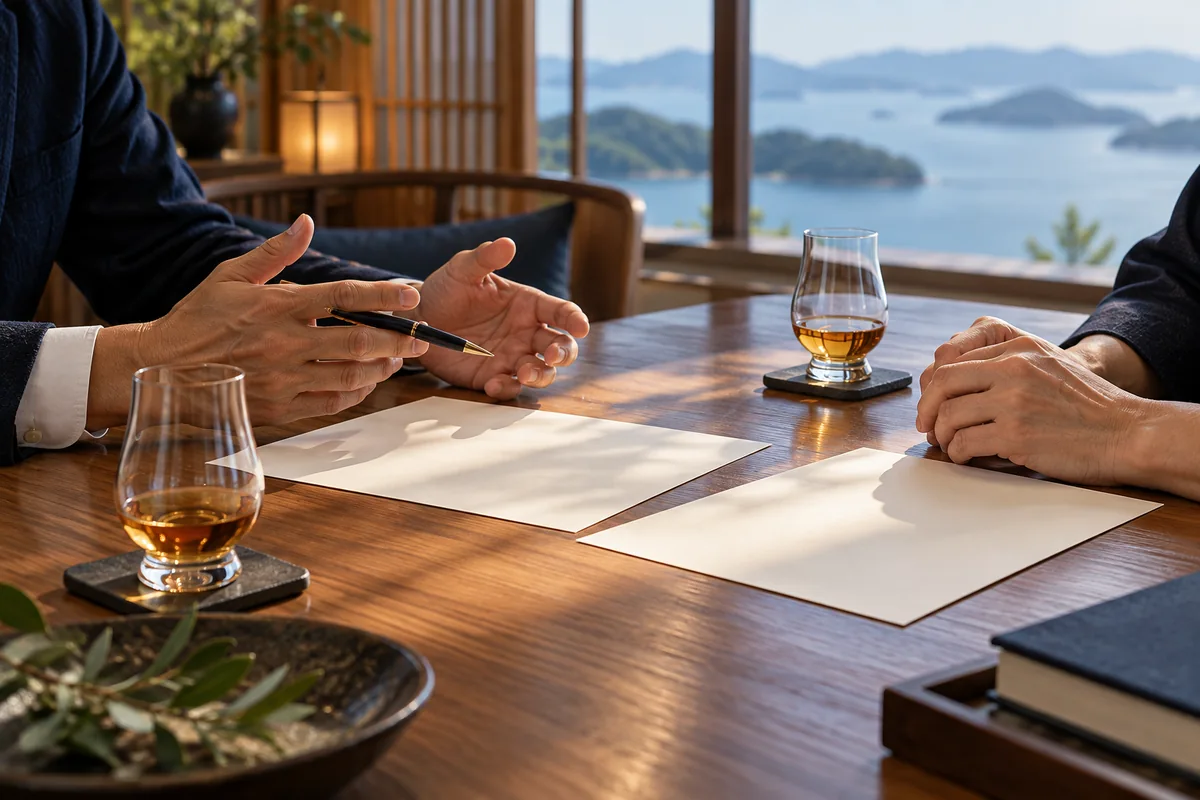 一樽への想いを語り合う、資料とテイスティンググラスを並べた相談風景のイメージ